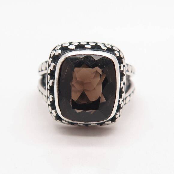 925 Sterling Silver Vintage Real Smoky Quartz Dots Ring Size 7.25 - Picture 3 of 7